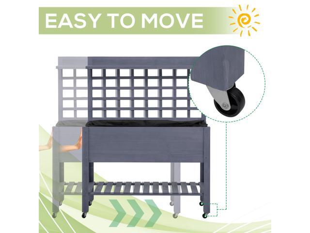 41' Raised Garden Bed with Trellis on Wheels, Wooden Elevated Planter Box with Legs and Bed Liner, for Flowers, Herbs & Vegetables, Gray