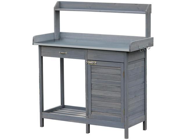 Outdoor Potting Bench Table, Garden Work Station with Storage Cabinet, Open Shelf and Steel Tabletop, Gray