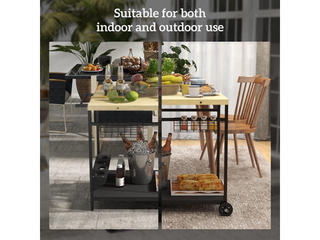 Outdoor Bar Cart, Patio Rolling Serving Cart with Wheels, Side Handle, 2 Baskets, 4 Wine Holders for Garden, Dining Room, Natural