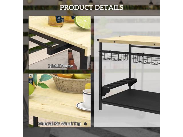 Outdoor Bar Cart, Patio Rolling Serving Cart with Wheels, Side Handle, 2 Baskets, 4 Wine Holders for Garden, Dining Room, Natural