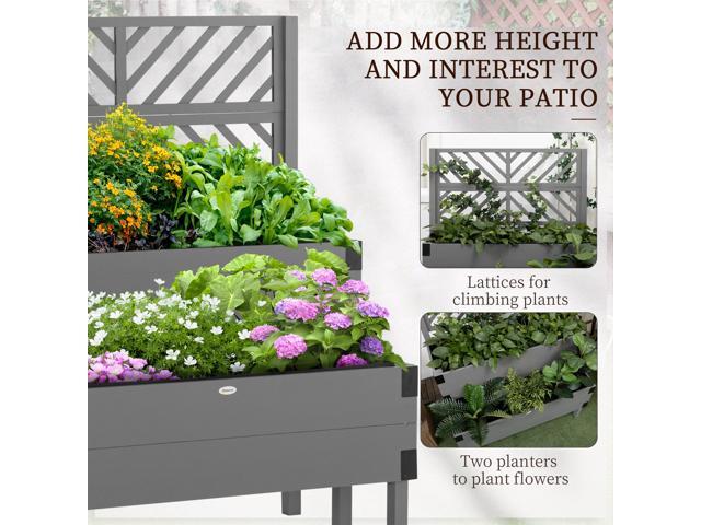 Raised Garden Bed with Trellis, 2 Tier Wooden Elevated Planter Box with Legs and Metal Corners, for Vegetables, Flowers, Herbs, Gray