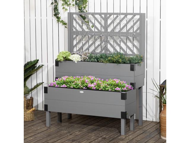 Raised Garden Bed with Trellis, 2 Tier Wooden Elevated Planter Box with Legs and Metal Corners, for Vegetables, Flowers, Herbs, Gray