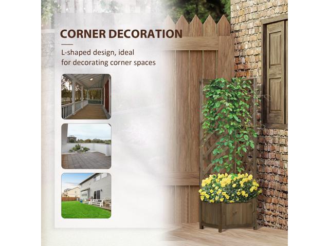 Wooden Raised Garden Bed with Trellis, 57' Freestanding Corner Planter Box for Vine Plants Flowers Climbing and Planting Carbonized