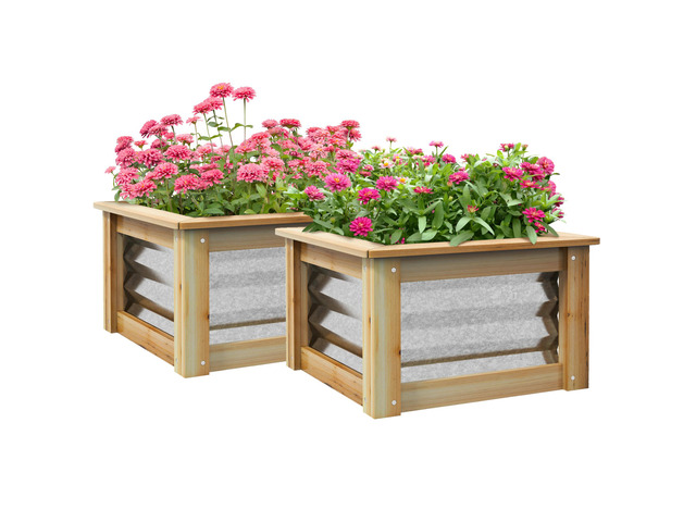 Raised Garden Bed Set of 2, Outdoor Planter Box, Galvanized Metal Reinforced with Wood, Stock Tanks for Growing Flowers, Herbs and Vegetables