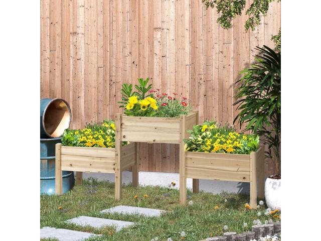 Raised Garden Bed with 3 Planter Box, Elevated Wooden Plant Stand with Drainage Holes, for Vegetables, Herb and Flowers, Natural