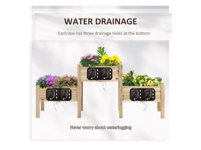 Raised Garden Bed with 3 Planter Box, Elevated Wooden Plant Stand with Drainage Holes, for Vegetables, Herb and Flowers, Natural
