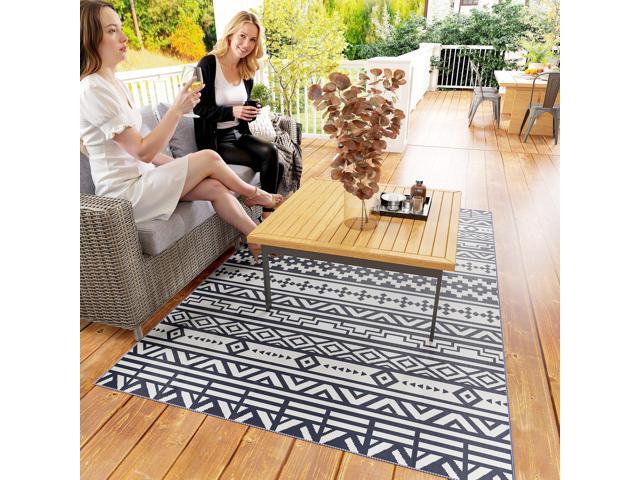 Outdoor Patio Rug, Large Camping Carpet with Carrying Bag, 6' x 9' Waterproof Plastic Straw, Reversible, Blue & White Geometric