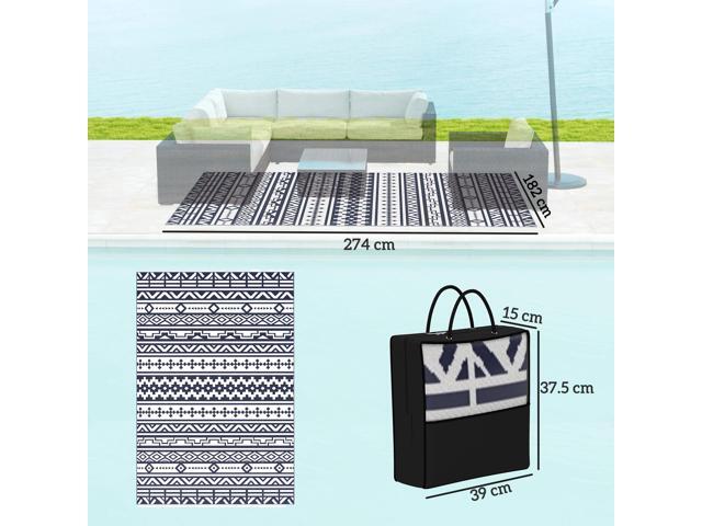 Outdoor Patio Rug, Large Camping Carpet with Carrying Bag, 6' x 9' Waterproof Plastic Straw, Reversible, Blue & White Geometric