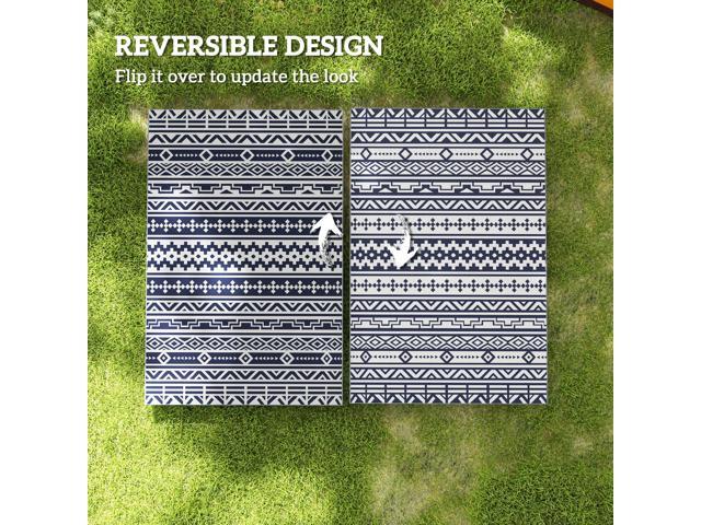 Outdoor Patio Rug, Large Camping Carpet with Carrying Bag, 6' x 9' Waterproof Plastic Straw, Reversible, Blue & White Geometric
