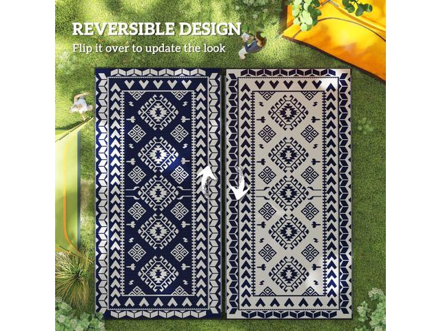 Outdoor Patio Rug, Large Camping Carpet with Carrying Bag, 9' x 18' Waterproof Plastic Straw, Reversible, Blue & White Rhombus Patchwork