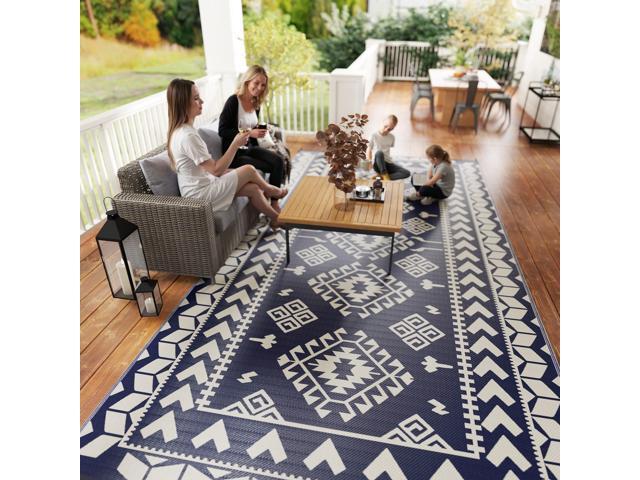 Outdoor Patio Rug, Large Camping Carpet with Carrying Bag, 9' x 18' Waterproof Plastic Straw, Reversible, Blue & White Rhombus Patchwork