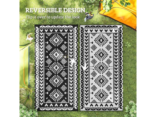 Outdoor Patio Rug, Large Camping Carpet with Carrying Bag, 9' x 18' Waterproof Plastic Straw, Reversible, Black & White Rhombus Patchwork