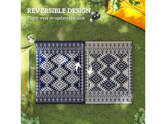 Outdoor Patio Rug, Large Camping Carpet with Carrying Bag, 9' x 12' Waterproof Plastic Straw, Reversible, Blue & White Rhombus Border