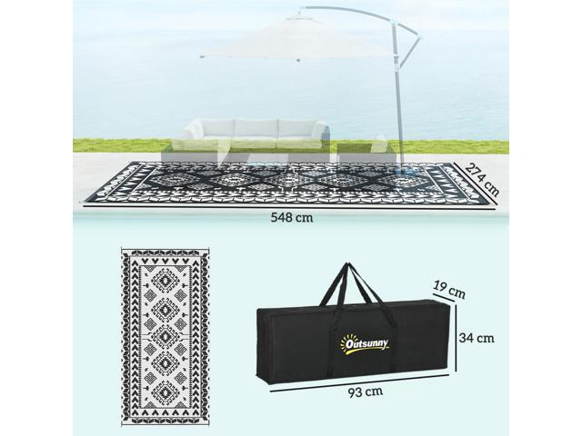 Outdoor Patio Rug, Large Camping Carpet with Carrying Bag, 9' x 18' Waterproof Plastic Straw, Reversible, Black & White Rhombus Patchwork