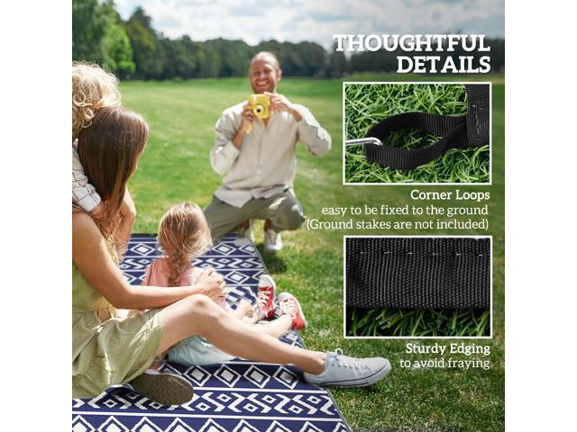 Outdoor Patio Rug, Large Camping Carpet with Carrying Bag, 9' x 12' Waterproof Plastic Straw, Reversible, Blue & White Rhombus Border