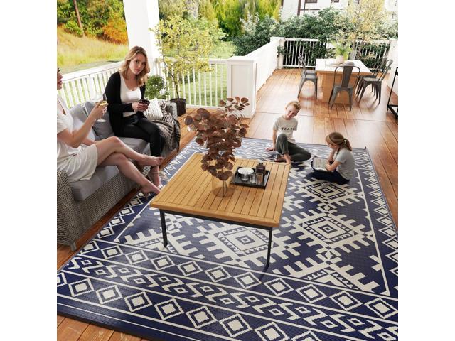 Outdoor Patio Rug, Large Camping Carpet with Carrying Bag, 9' x 12' Waterproof Plastic Straw, Reversible, Blue & White Rhombus Border