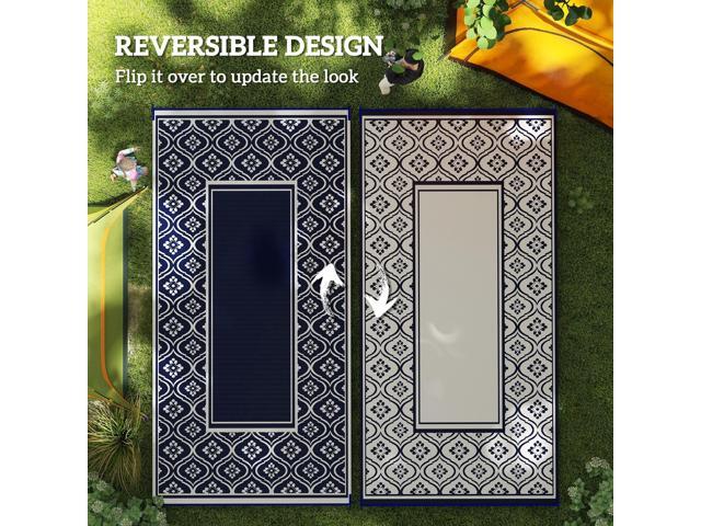 Outdoor Patio Rug, Large Camping Carpet with Carrying Bag, 9' x 18' Waterproof Plastic Straw, Reversible, Blue & White Gourd Border