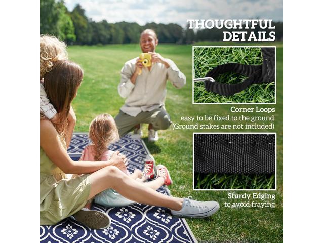 Outdoor Patio Rug, Large Camping Carpet with Carrying Bag, 9' x 18' Waterproof Plastic Straw, Reversible, Blue & White Gourd Border