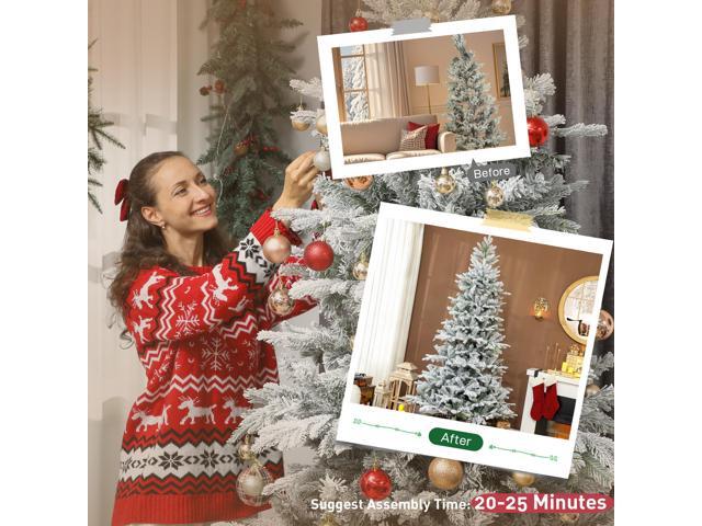 7.5 ft Artificial Frosted Christmas Tree with Realistic Branches, Wide Full Spruce Holiday Decor, Hinged Xmas Tree, Easy Assembly