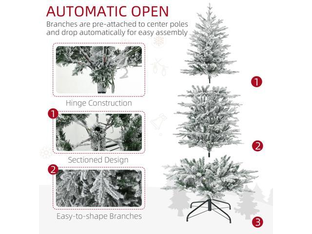 6ft Tall Prelit Artificial Christmas Tree Holiday Décor with 636 Snow Flocked Branches, 250 Warm Yellow Clear Lights, Auto Open, Extra Bulb