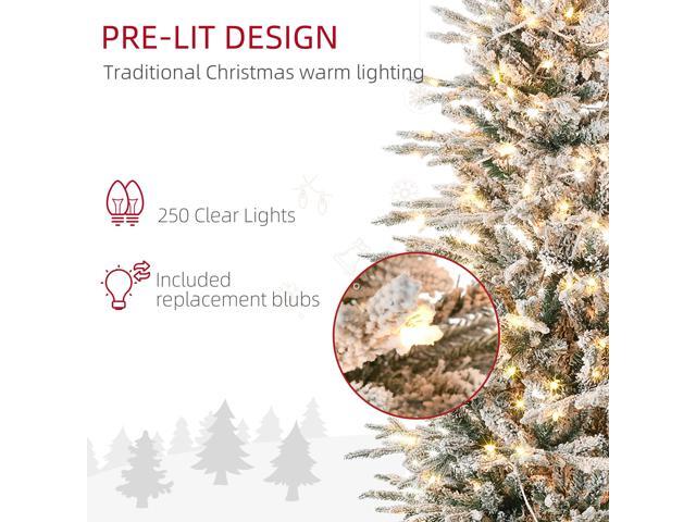 6ft Tall Prelit Artificial Christmas Tree Holiday Décor with 636 Snow Flocked Branches, 250 Warm Yellow Clear Lights, Auto Open, Extra Bulb