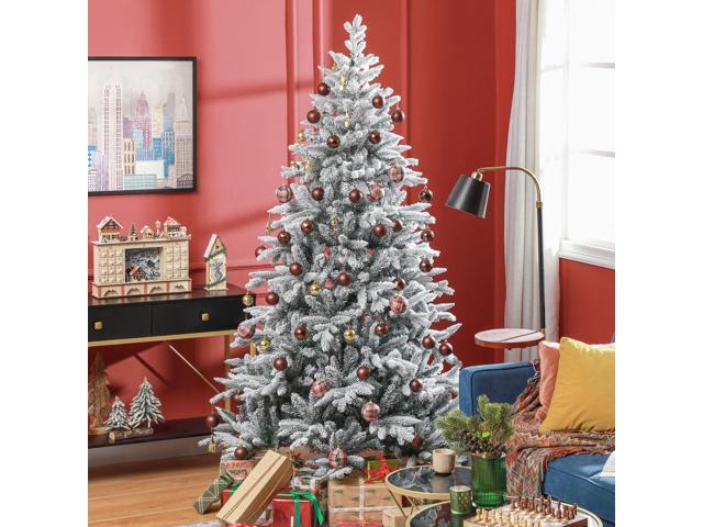 7ft Snow Flocked Artificial Christmas Tree with 1401 Tips, Foldable Metal Stand, Easy Assembly, Hinged Xmas Tree for Home, Office, Holiday, Green