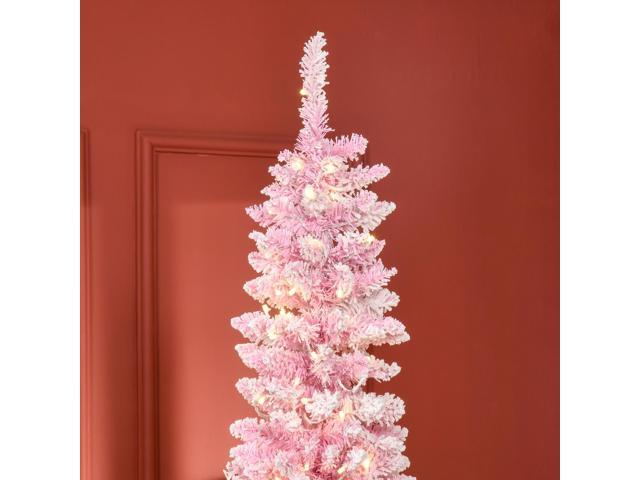 7.5ft Prelit Snow Flocked Artificial Christmas Tree with Pencil Shape, Pine Realistic Branches, Warm White LED lights, Auto Open, Pink and White