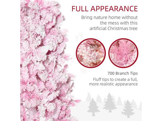 7.5ft Prelit Snow Flocked Artificial Christmas Tree with Pencil Shape, Pine Realistic Branches, Warm White LED lights, Auto Open, Pink and White
