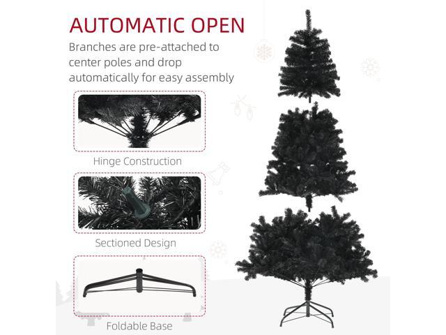 7.5ft Tall Artificial Christmas Tree, Unlit Xmas Tree with 1346 Branch Tips, Auto Open, Steel Base, Holiday Décor for Home Office, Black