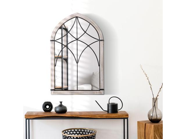 36.5' x 23.5' Large Farmhouse Wall Mirror, Arch Window Mirror for Wall Decor in Living Room, Bedroom, Entryway, Rustic Wood Grain
