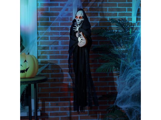 4.3' Outdoor Halloween Decoration Animatronic Guitar-playing Grim Reaper, Sound and Motion Activated Animated Prop with Light Up Eyes & Guitar Music