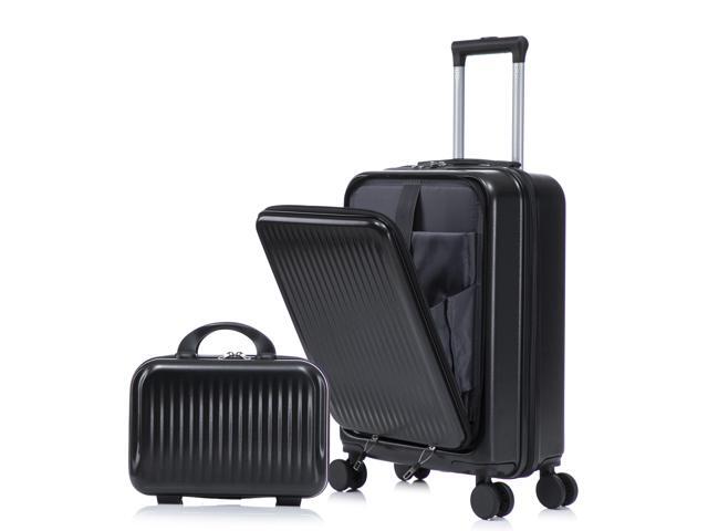 14'/20' 2 pcs/set in ABS Spinner Wheel Luggage, with Combination Lock and Front Opening Design, 14' Cosmetic Case (Black)