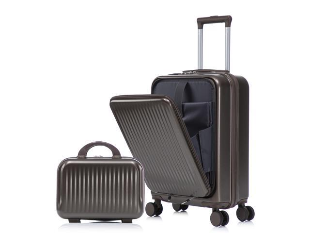 14'/20' 2 pcs/set in ABS Spinner Wheel Luggage, with Combination Lock and Front Opening Design, 14' Cosmetic Case (Brown)