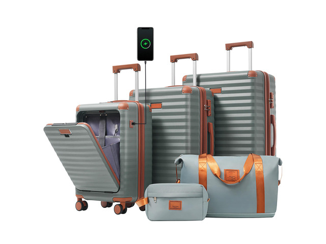 Luggage Sets 5 Piece with Front Opening, Hardside Expandable Carry on Suitcase with Spinner Wheels TSA Lock USB Port Cup Holder Duffel Bag and...