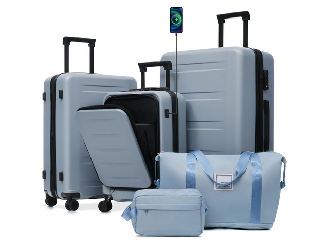 Luggage Sets 5 Piece with Front Opening, Hardside Expandable Carry On Suitcase Set with Double Spinner Wheel, Lightweight Travel Luggage with USB...