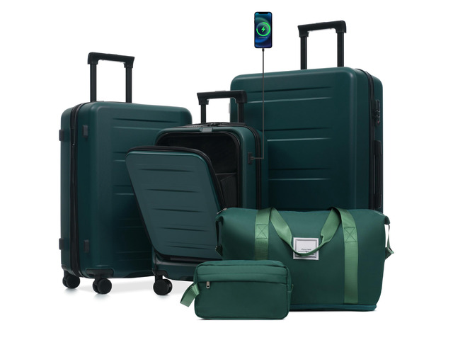 Luggage Sets 5 Piece with Front Opening, Hardside Expandable Carry On Suitcase Set with Double Spinner Wheel, Lightweight Travel Luggage with USB...