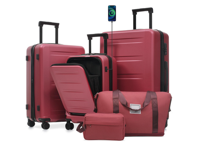 Luggage Sets 5 Piece with Front Opening, Hardside Expandable Carry On Suitcase Set with Double Spinner Wheel, Lightweight Travel Luggage with USB...