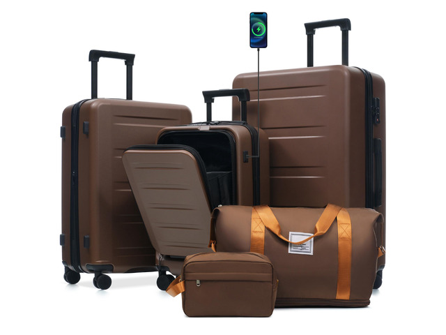 Luggage Sets 5 Piece with Front Opening, Hardside Expandable Carry On Suitcase Set with Double Spinner Wheel, Lightweight Travel Luggage with USB...