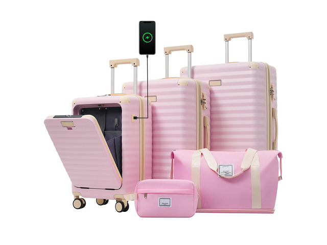 Luggage Sets 5 Piece with Front Opening, Hardside Expandable Carry on Suitcase with Spinner Wheels TSA Lock USB Port Cup Holder Duffel Bag and...