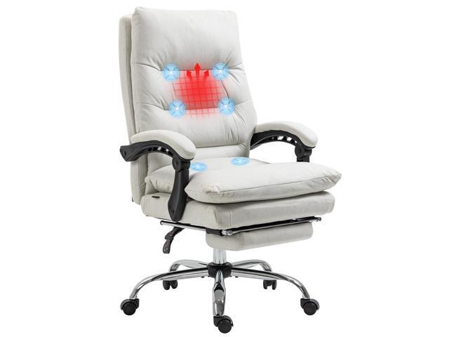 Microfibre Executive Massage Office Chair, Computer Desk Chair, Heated Reclining Chair with Footrest, Double-tier Padding, Swivel Wheels, Cream White