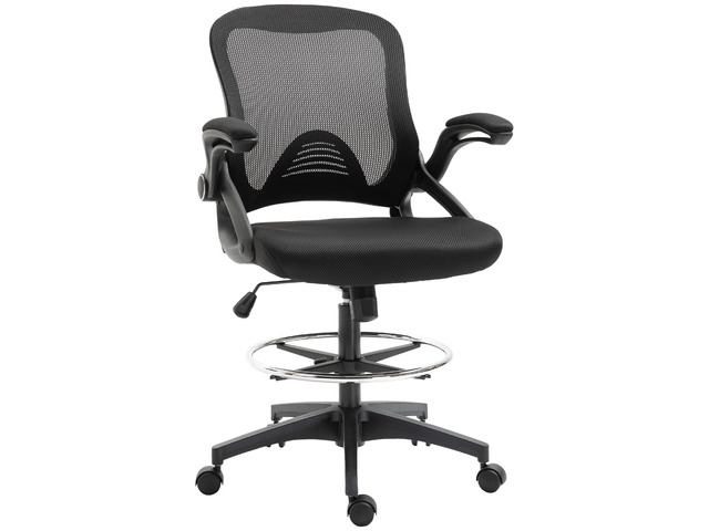 Mesh Drafting Chair, Tall Office Chair with Lumbar Support, Flip-Up Armrests, Footrest Ring and Adjustable Seat Height, Black