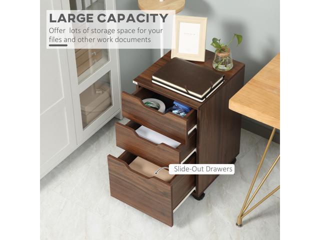 3 Drawer Office Storage Cabinet, Under Desk Cabinet with Wheels, Brown Wood Grain