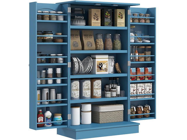 41' Kitchen Pantry Storage Cabinet, Freestanding Kitchen Cabinet with 12 Door Shelves, Double Doors, 5-tier Shelving and Adjustable Shelves, Blue