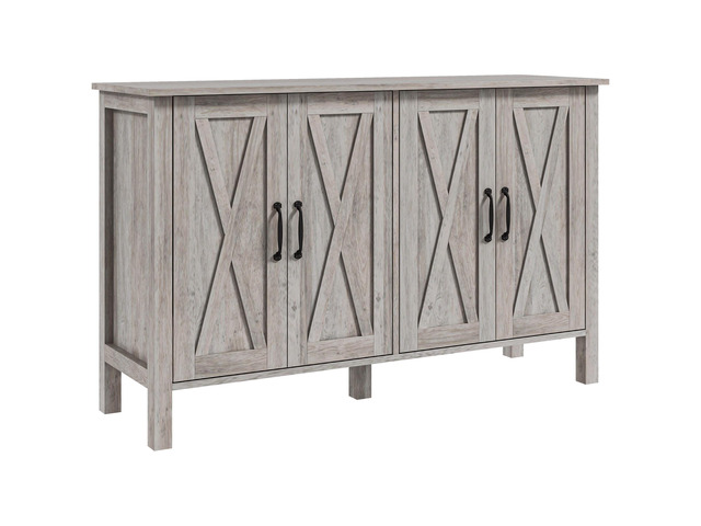 Buffet Cabinet, 47' Sideboard with 4 Barn Doors and 2 Adjustable Shelves, Farmhouse Coffee Bar Cabinet, Gray Wood Grain