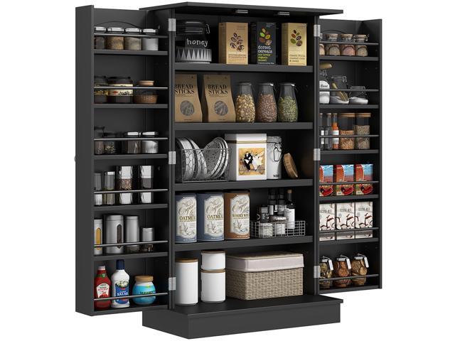 41' Kitchen Pantry Storage Cabinet, Freestanding Kitchen Cabinet with 12 Door Shelves, Double Doors, 5-tier Shelving and Adjustable Shelves, Black