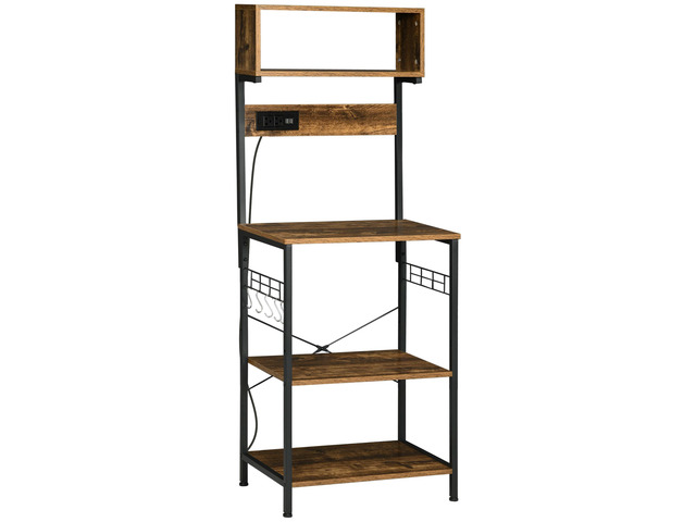 Kitchen Bakers Rack with Power Outlet, USB Charger, Microwave Stand, Coffee Bar with Adjustable Shelves, 5 Hooks for Spices, Pots and Pans, Rustic...