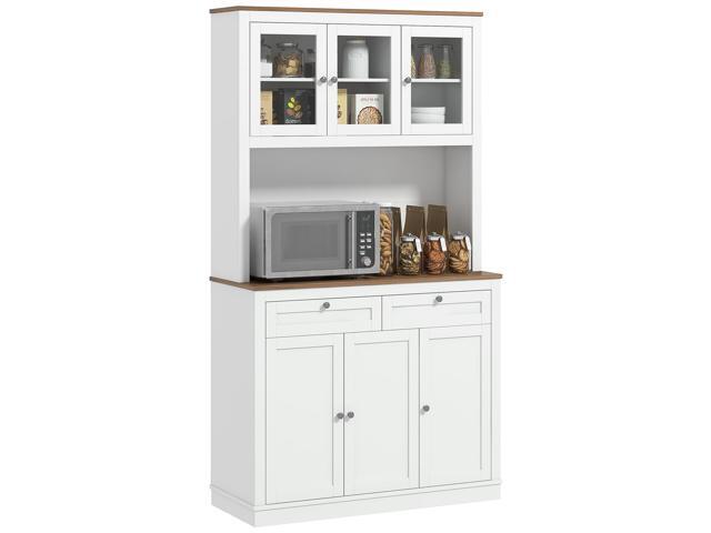 71' Tall Kitchen Pantry Storage Cabinet with Microwave Stand, Freestanding Buffet with Hutch, 2 Drawers, 5 Doors, Adjustable Shelves and Glass...