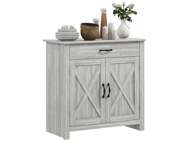 Farmhouse Sideboard Buffet Cabinet, Barn Door Coffee Bar Cabinet with Drawer and Adjustable Shelf, Kitchen Cabinet for Living Room, Entryway, Stone...
