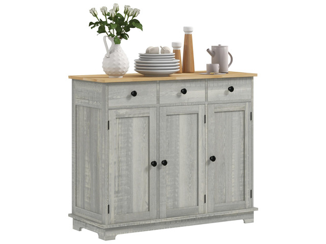 Sideboard with Solid Wood Countertop, Modern Kitchen Storage Cabinet, Coffee Bar Cabinet with 3 Drawers, Doors and Adjustable Shelf, Distressed...