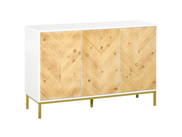 3 Door Sideboard Buffet Cabinet, Kitchen Cabinet, Coffee Bar Cabinet with Chevron Pattern, Adjustable Shelf and Metal Legs, Natural Wood